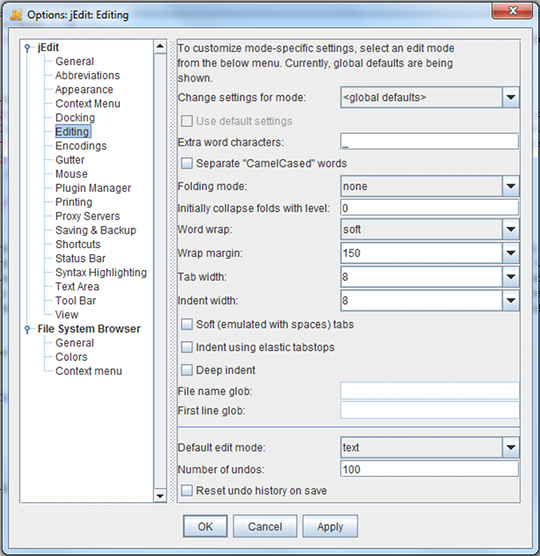 Les options générales de jEdit