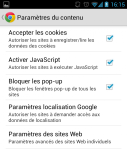 Chrome Android paramètres