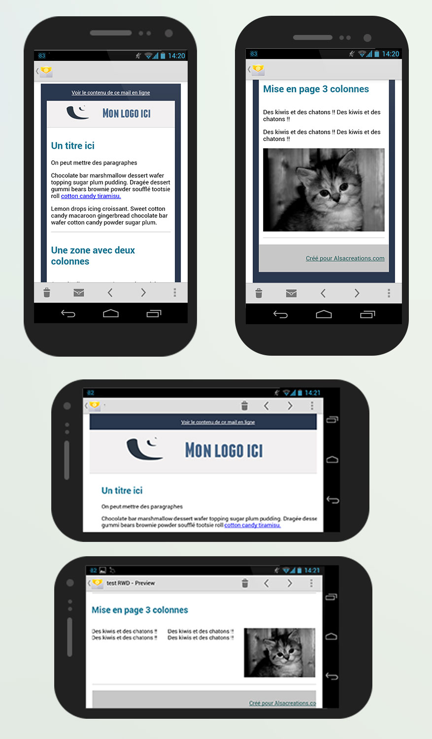 Screenshots de la template repsonsive sur Android ICS