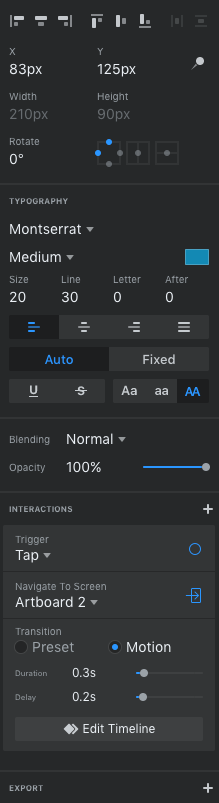 InVision Studio : barre d'outils de droite