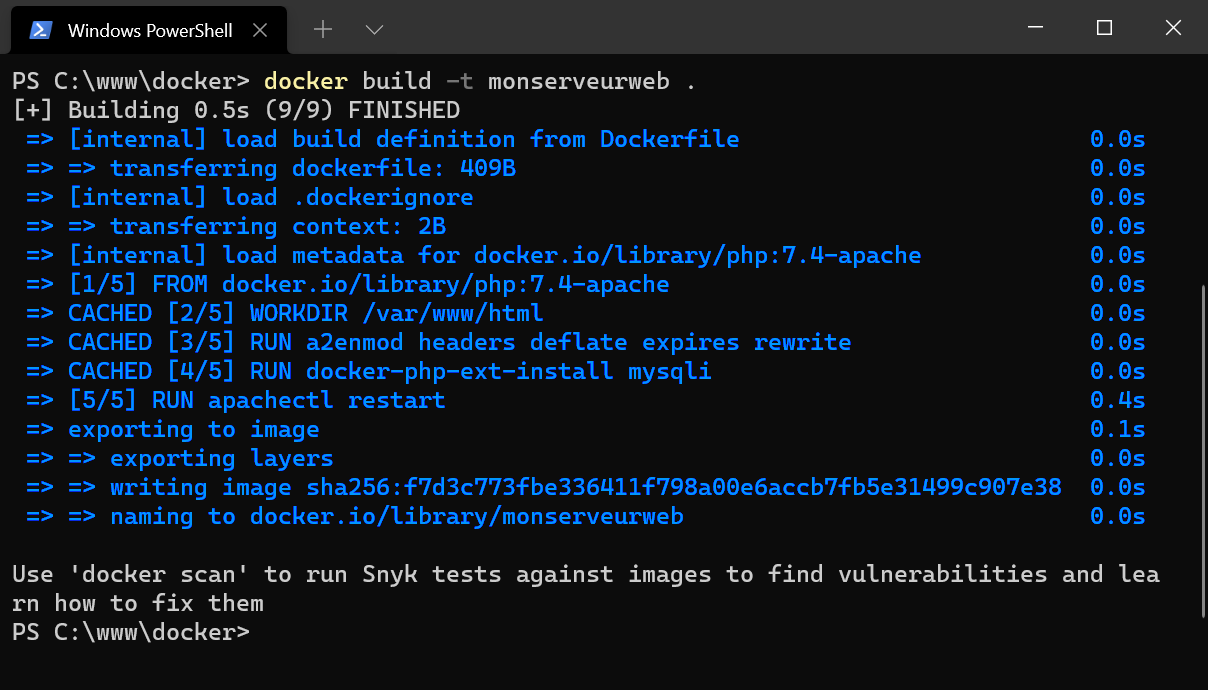 Capture d'écran Docker : build