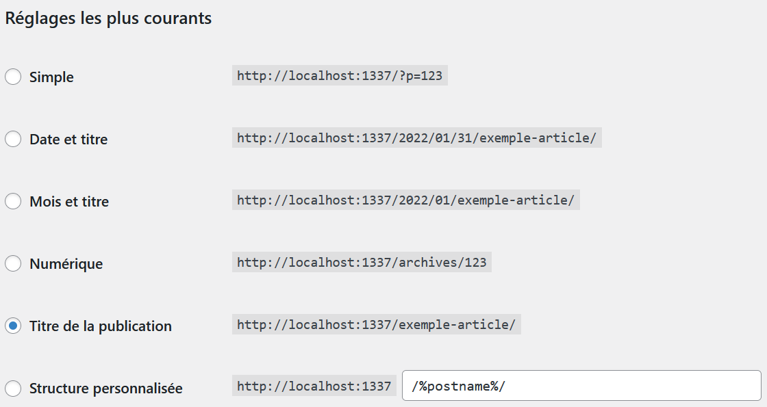 Page du back-office de wordpress sur le réglage de permaliens