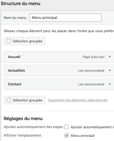 Dans l’administration WordPress, le menu principal est composé de 3 éléments “Accueil”, “Actualités” et “Contact”. L’emplacement coché est “Menu principal”.