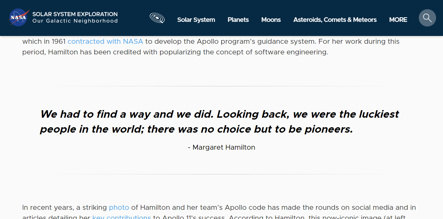 Capture d'écran d'une citation sur le site de la NASA