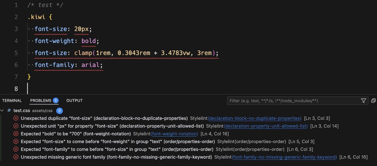 Des erreurs CSS soulignées par Stylelint