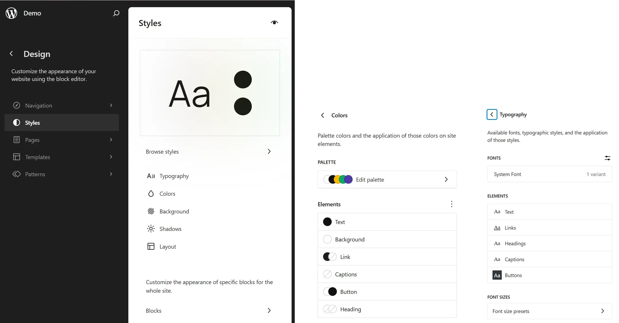 Interface du FSE (full site editing) pour les styles