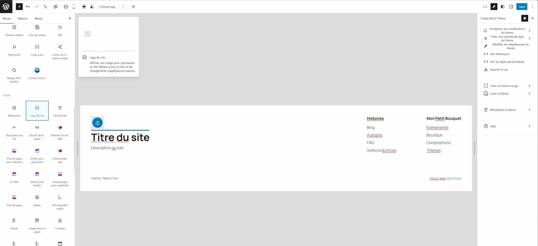 Un modèle pour le footer dans le FSE
