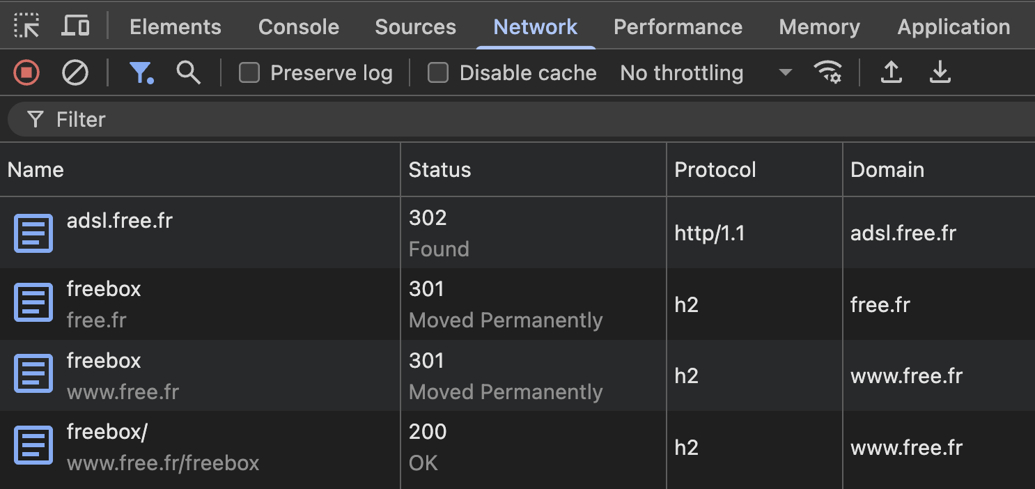 Devtools redirections pour le site adsl.free.fr
