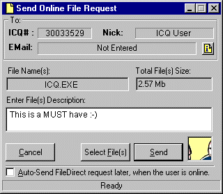Capture d'écran du transfert de fichiers avec ICQ