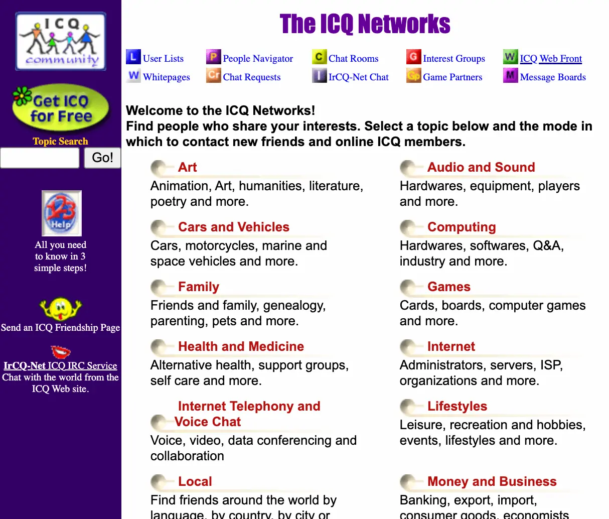 Portail du site ICQ en 2001