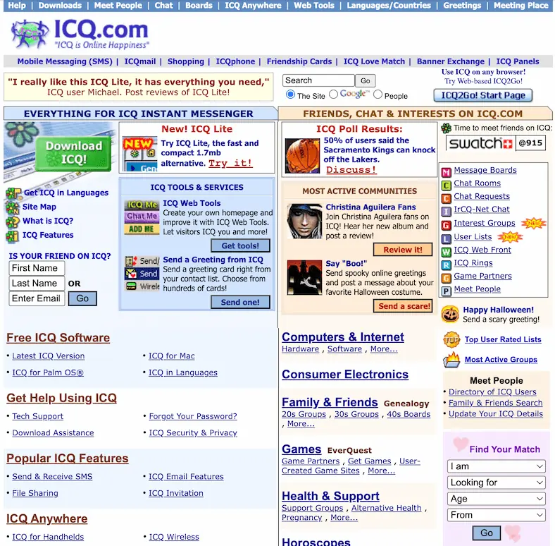 Portail du site ICQ en 2002