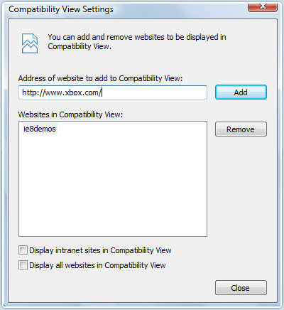 IE8 Compatibility View Settings