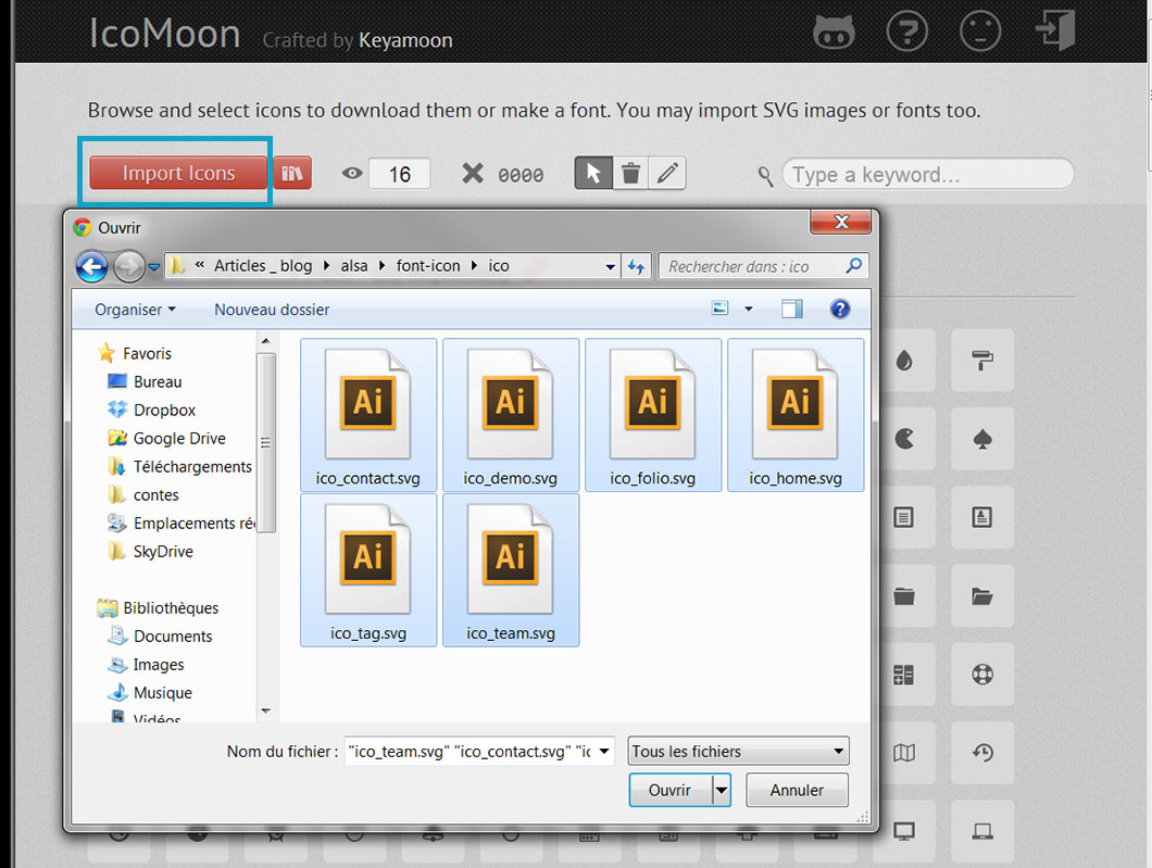 Fenêtre d'importation des icônes dans IcoMoon