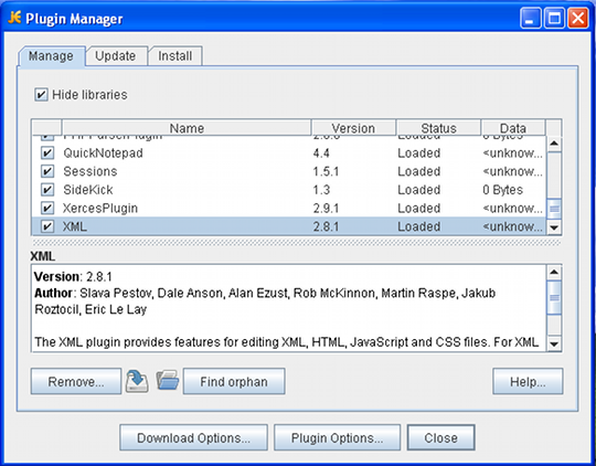 Les plugins installés sur jEdit