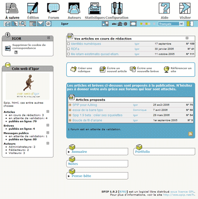 Page d'accueil de la partie d'administration de SPIP